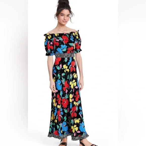 NWT RIXO  Floral Off the Shoulder Puff Maxi Dress Black 14 - Picture 4 of 16